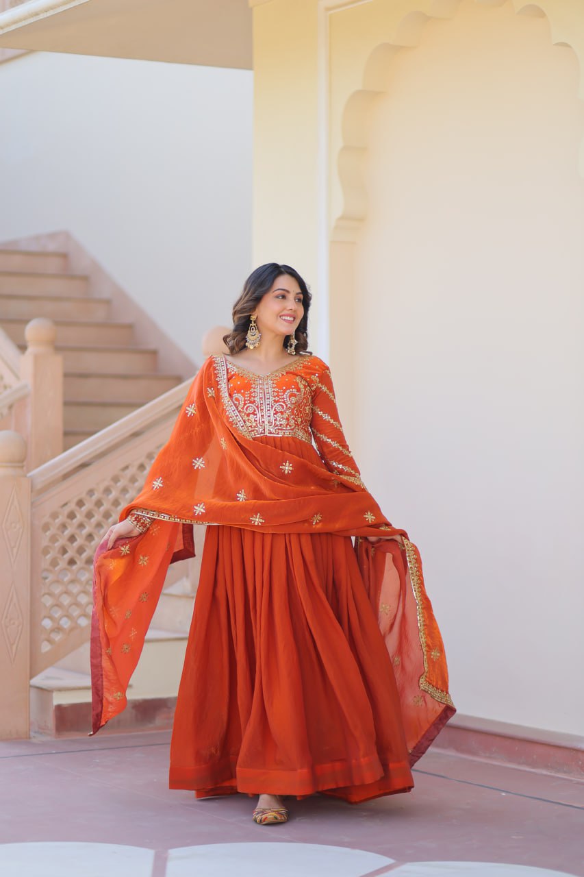 Fendy Fabric gown with Sequins-Multi Embroidered Work Dupatta