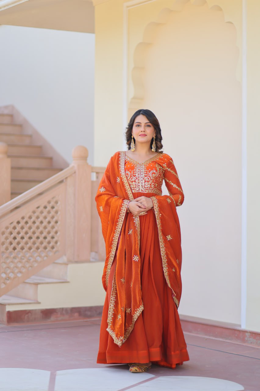 Fendy Fabric gown with Sequins-Multi Embroidered Work Dupatta