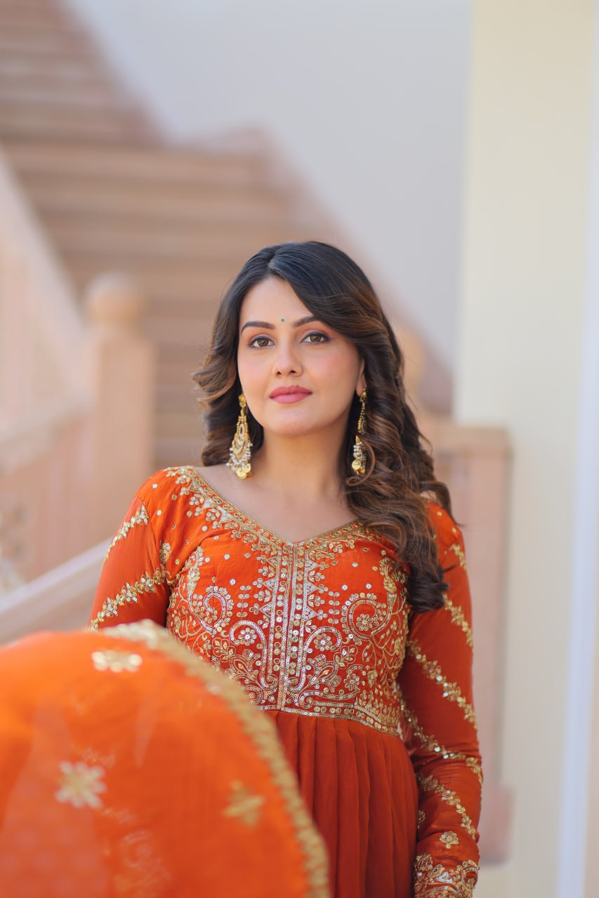 Fendy Fabric gown with Sequins-Multi Embroidered Work Dupatta