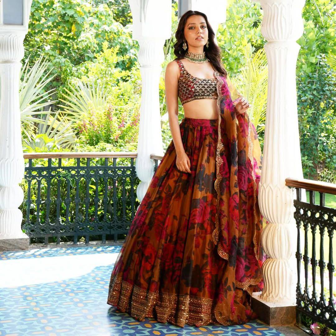 DESIGNER PRINTED TEBI ORGANZA WITH SEQUENCE EMBROIDERY WORK BLOUSE,LEHENGA WITH &DUPATTA