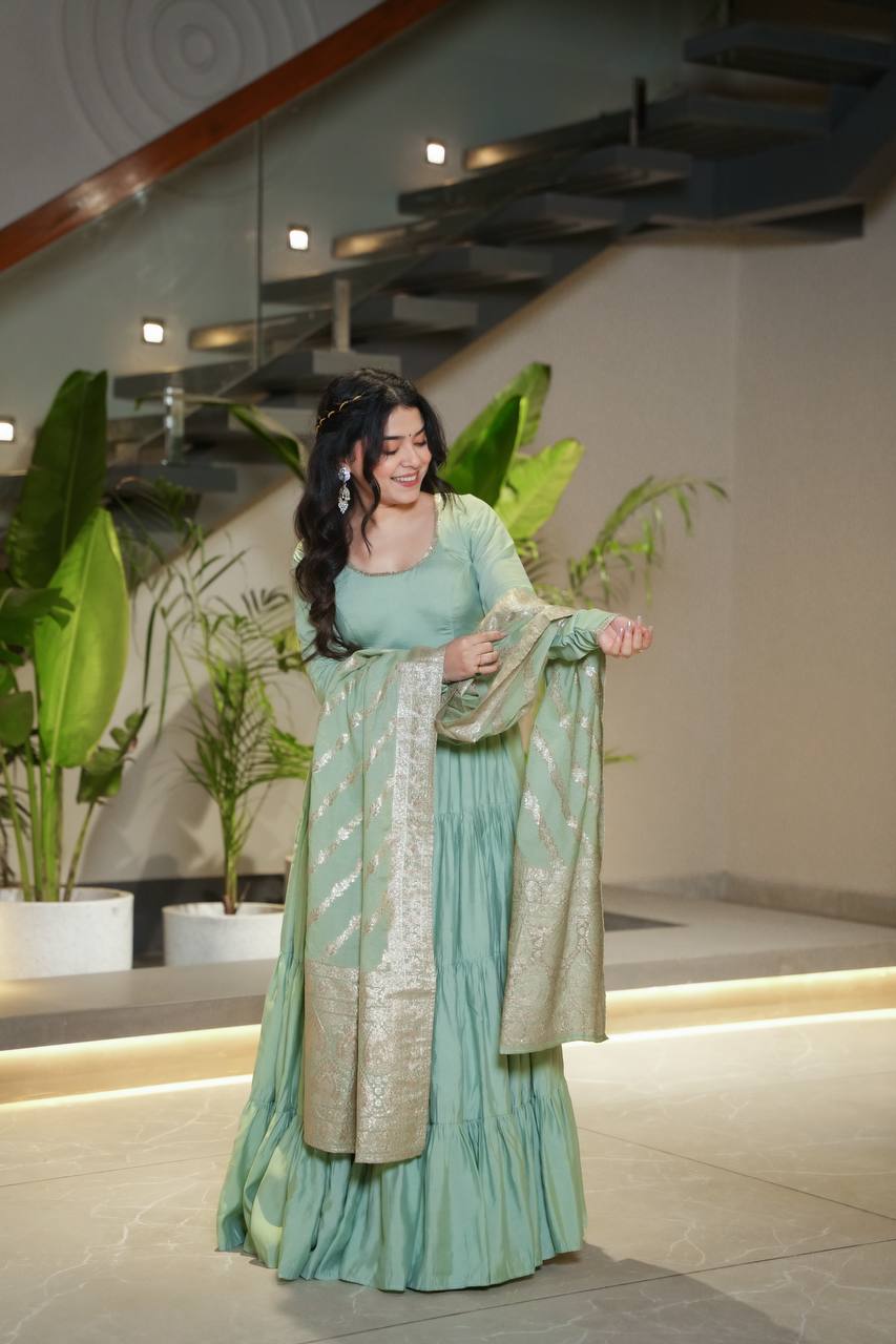 PURE ROMANSILK CHANDERI FABRIC FULLY FLAIR ANARKALI,WITH DUPPTA SET,PENT READY TO WEAR