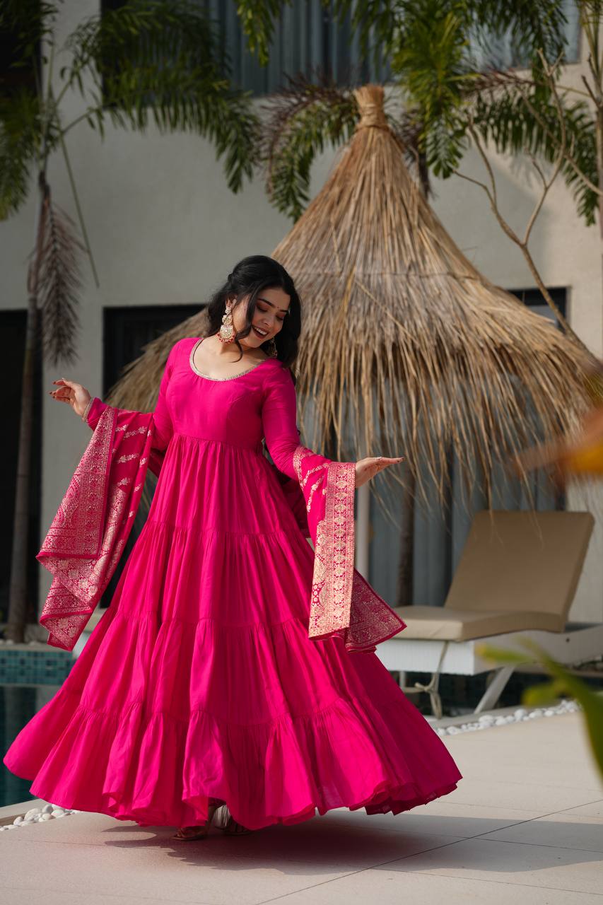 PURE ROMANSILK CHANDERI FABRIC FULLY FLAIR ANARKALI,WITH DUPPTA SET,PENT READY TO WEAR