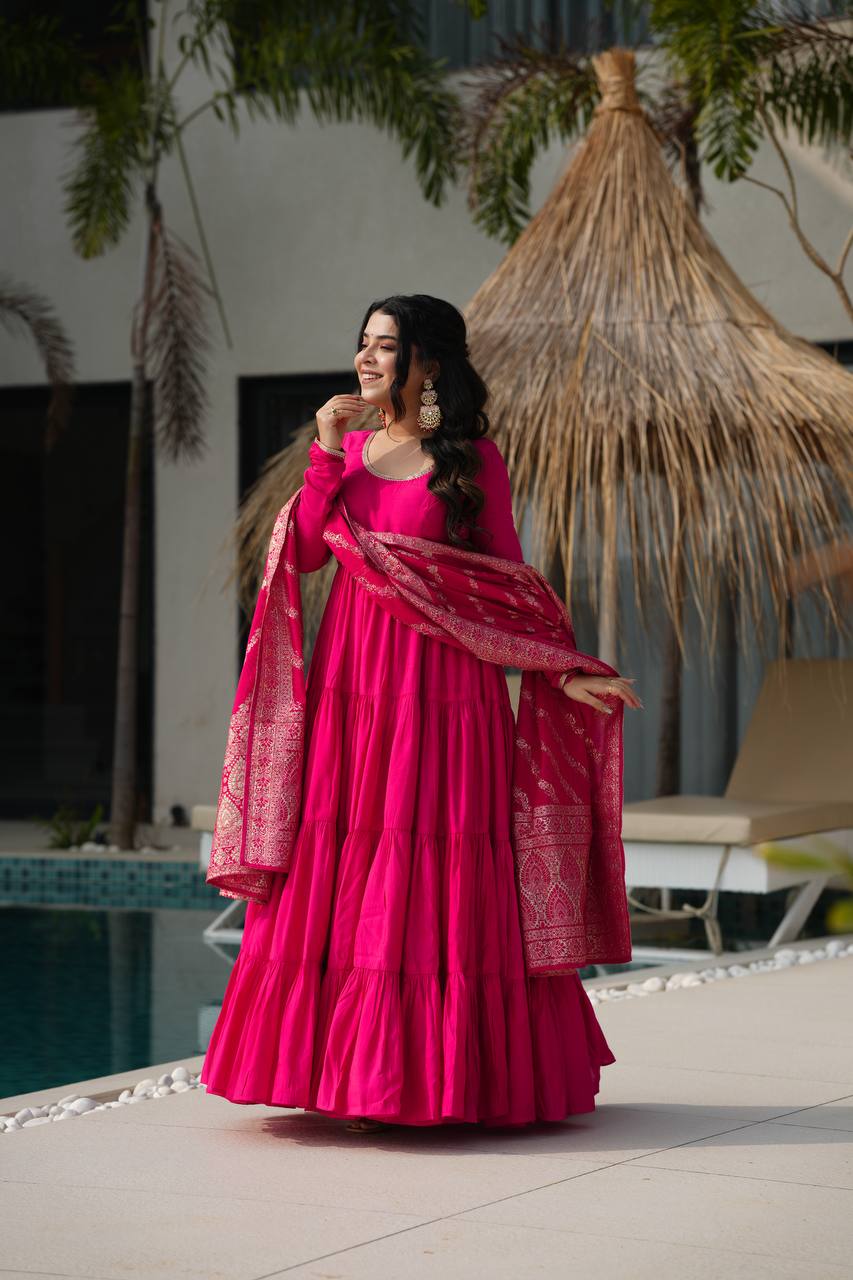 PURE ROMANSILK CHANDERI FABRIC FULLY FLAIR ANARKALI,WITH DUPPTA SET,PENT READY TO WEAR