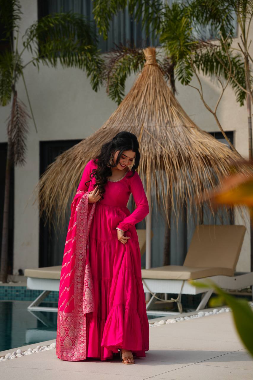 PURE ROMANSILK CHANDERI FABRIC FULLY FLAIR ANARKALI,WITH DUPPTA SET,PENT READY TO WEAR