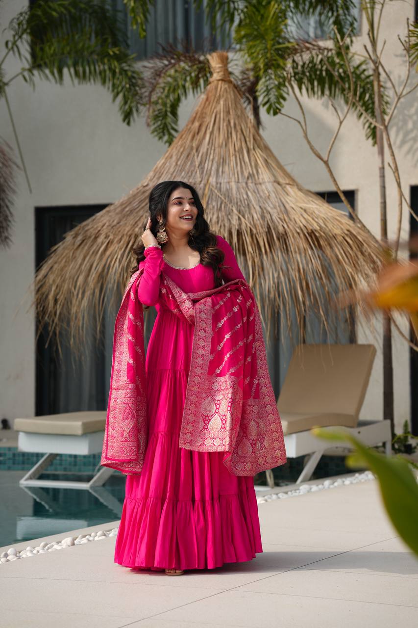PURE ROMANSILK CHANDERI FABRIC FULLY FLAIR ANARKALI,WITH DUPPTA SET,PENT READY TO WEAR