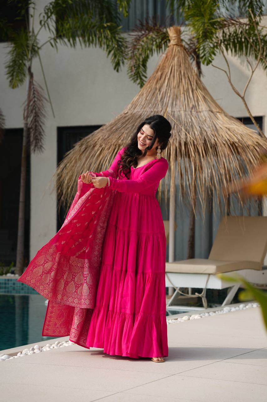 PURE ROMANSILK CHANDERI FABRIC FULLY FLAIR ANARKALI,WITH DUPPTA SET,PENT READY TO WEAR