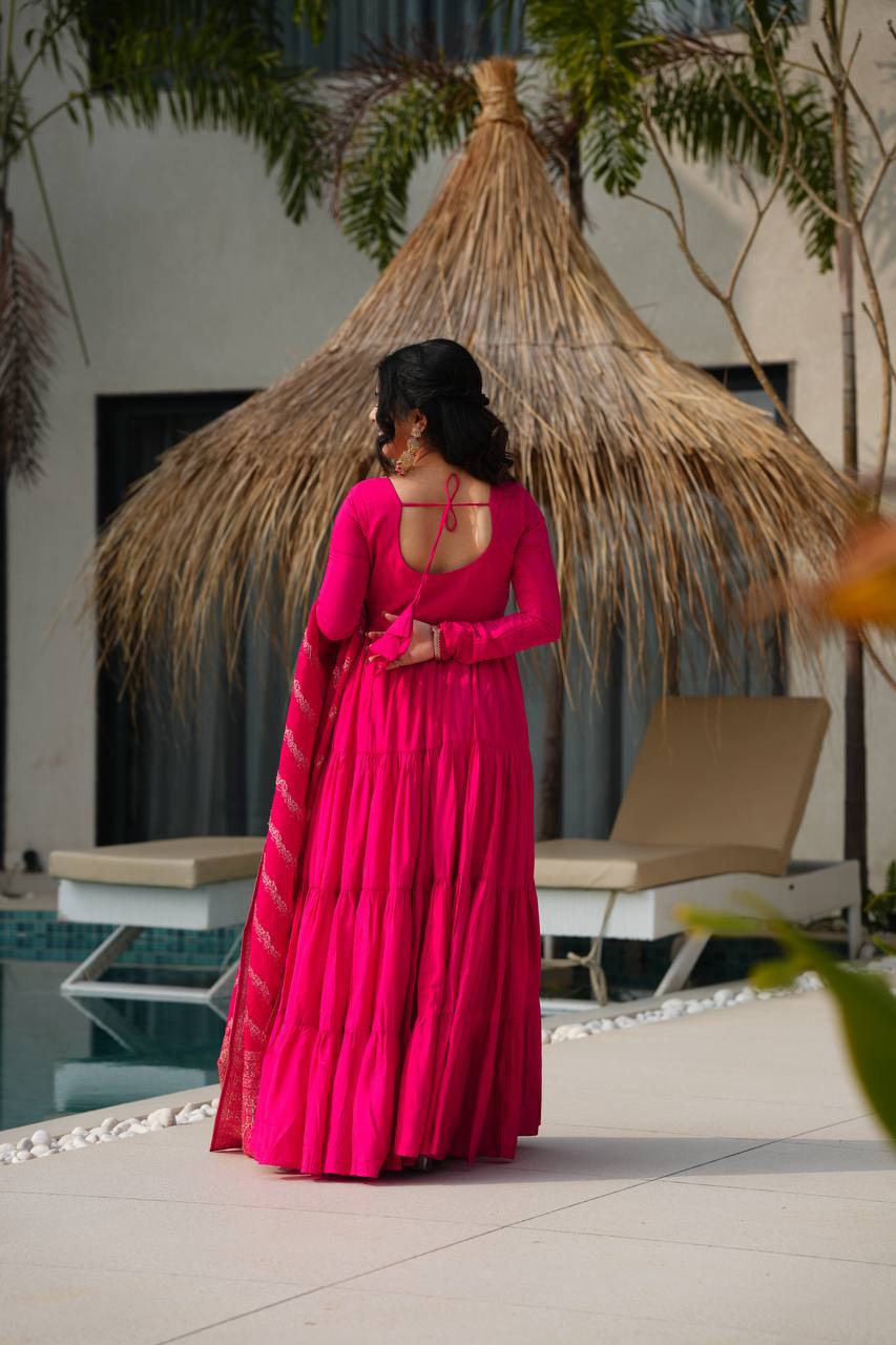PURE ROMANSILK CHANDERI FABRIC FULLY FLAIR ANARKALI,WITH DUPPTA SET,PENT READY TO WEAR