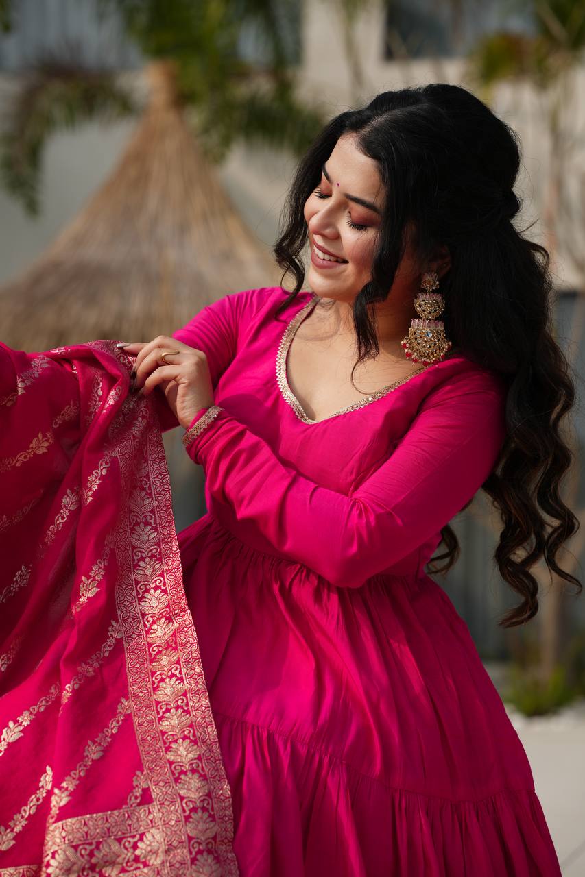 PURE ROMANSILK CHANDERI FABRIC FULLY FLAIR ANARKALI,WITH DUPPTA SET,PENT READY TO WEAR