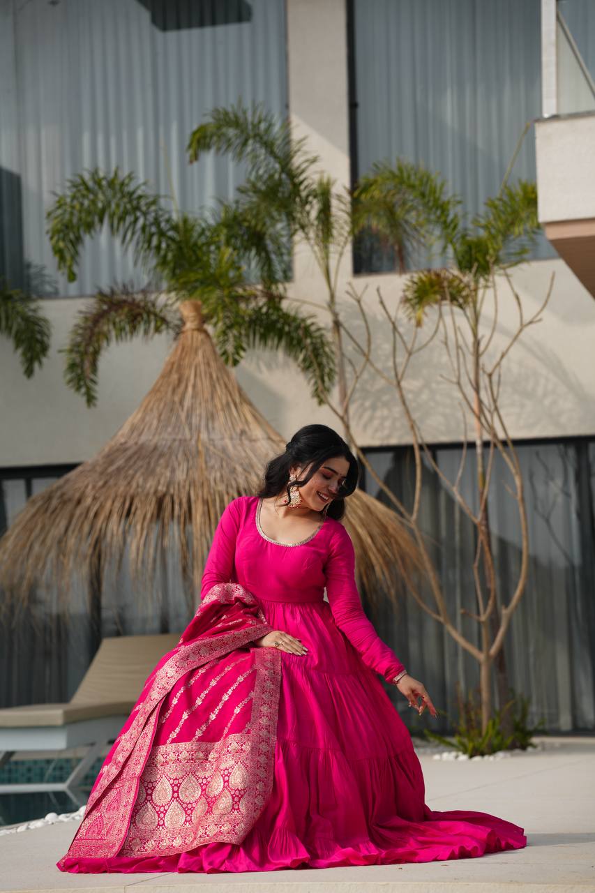 PURE ROMANSILK CHANDERI FABRIC FULLY FLAIR ANARKALI,WITH DUPPTA SET,PENT READY TO WEAR