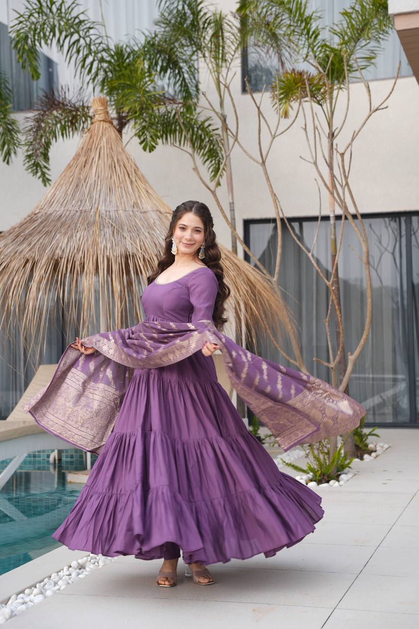 PURE ROMANSILK CHANDERI FABRIC FULLY FLAIR ANARKALI,WITH DUPPTA SET,PENT READY TO WEAR