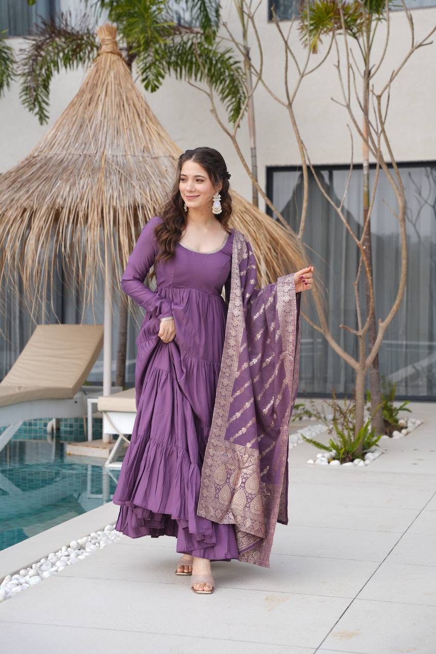 PURE ROMANSILK CHANDERI FABRIC FULLY FLAIR ANARKALI,WITH DUPPTA SET,PENT READY TO WEAR