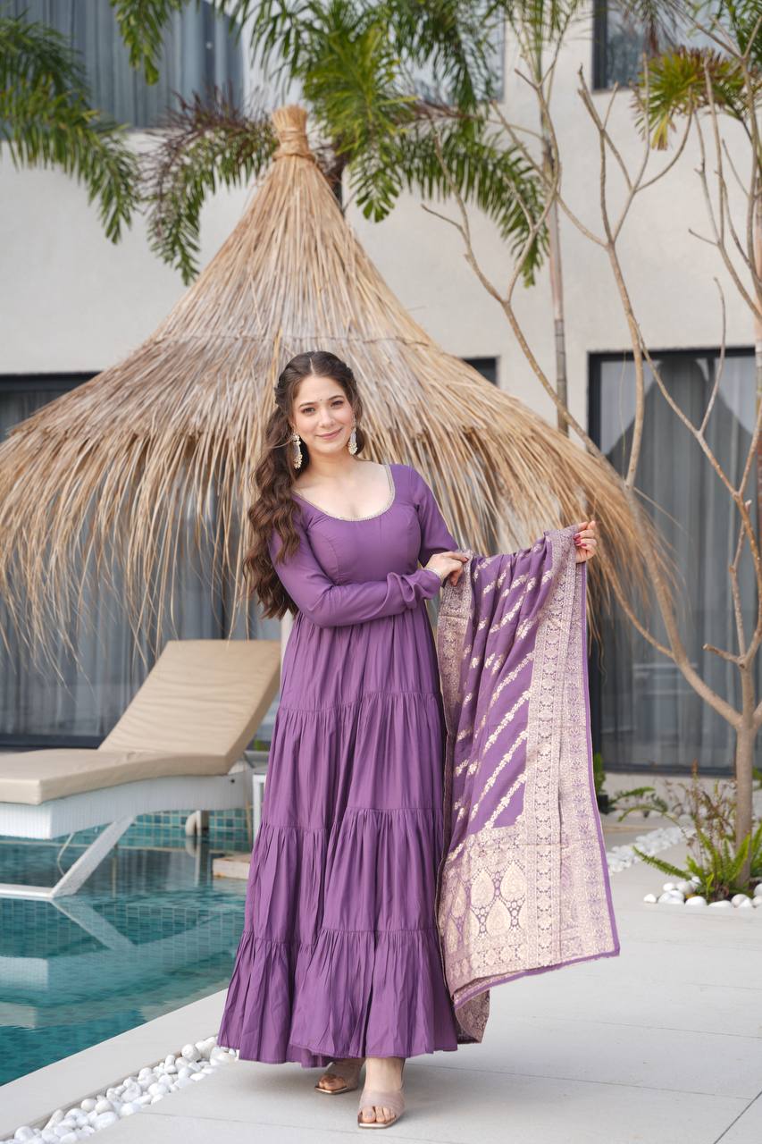 PURE ROMANSILK CHANDERI FABRIC FULLY FLAIR ANARKALI,WITH DUPPTA SET,PENT READY TO WEAR