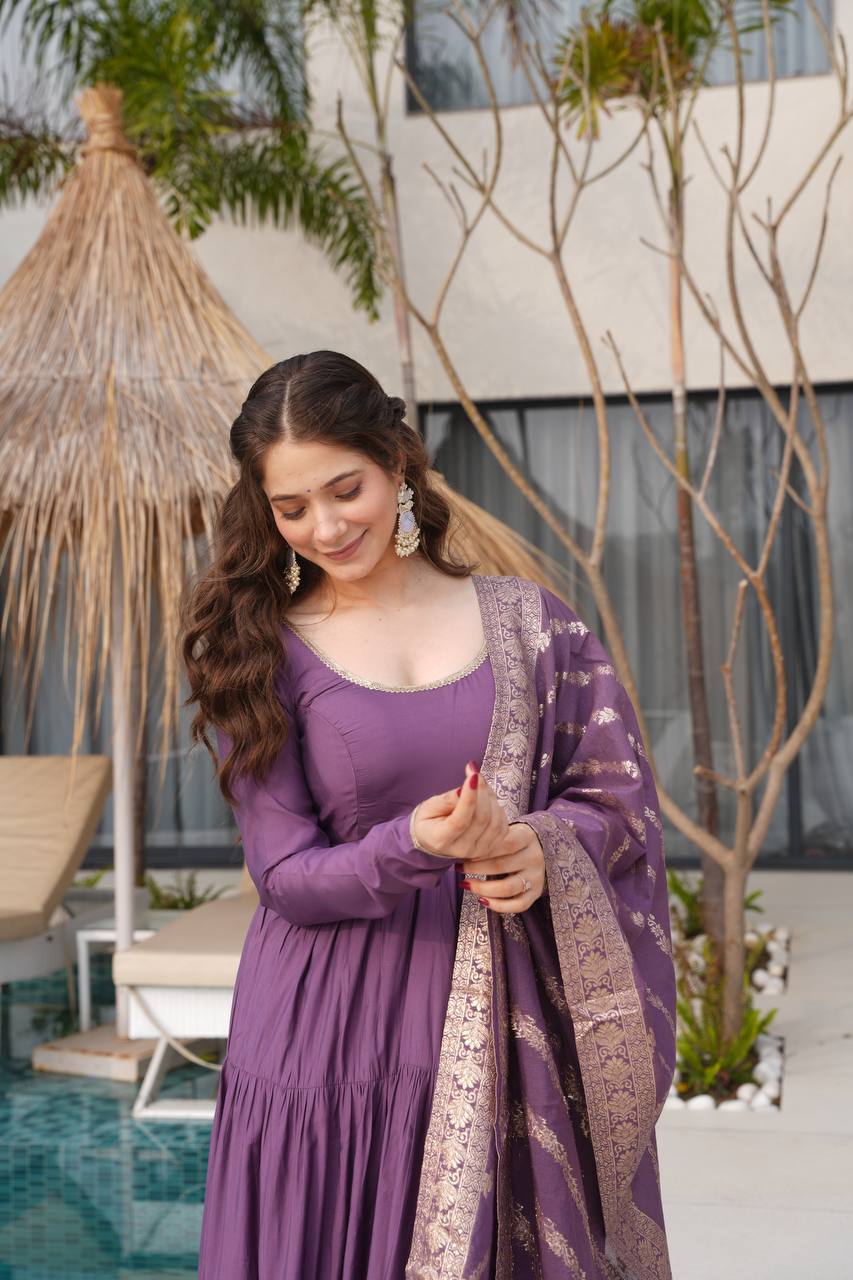 PURE ROMANSILK CHANDERI FABRIC FULLY FLAIR ANARKALI,WITH DUPPTA SET,PENT READY TO WEAR
