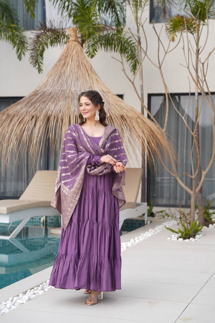 PURE ROMANSILK CHANDERI FABRIC FULLY FLAIR ANARKALI,WITH DUPPTA SET,PENT READY TO WEAR