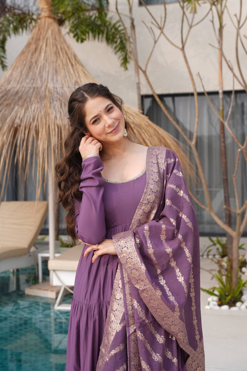 PURE ROMANSILK CHANDERI FABRIC FULLY FLAIR ANARKALI,WITH DUPPTA SET,PENT READY TO WEAR