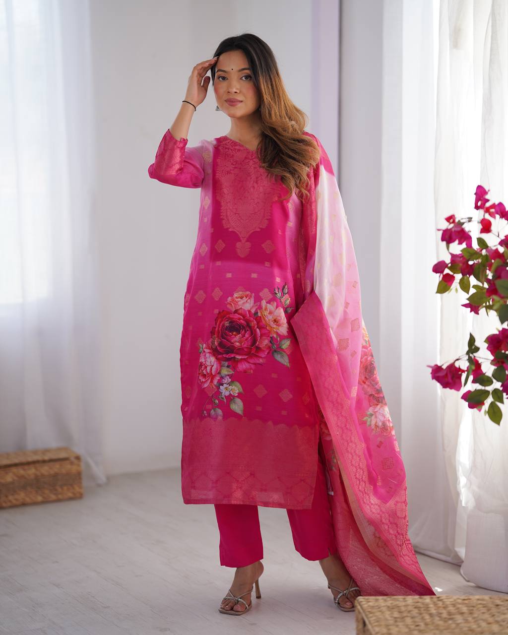 Pink / Aqua Pastel Chanderi Silk Jacquard Work With digital print