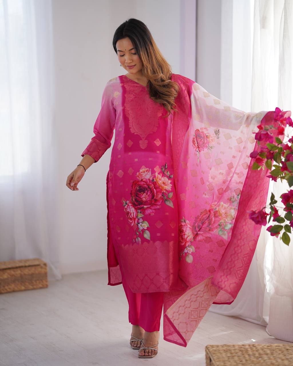 Pink / Aqua Pastel Chanderi Silk Jacquard Work With digital print