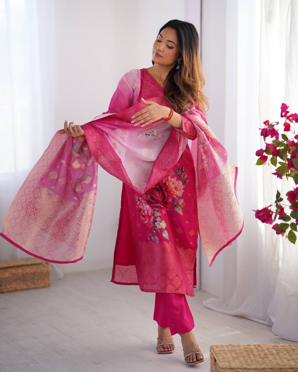 Pink / Aqua Pastel Chanderi Silk Jacquard Work With digital print