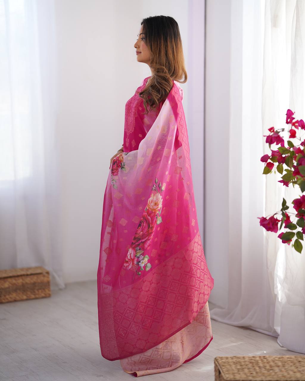 Pink / Aqua Pastel Chanderi Silk Jacquard Work With digital print