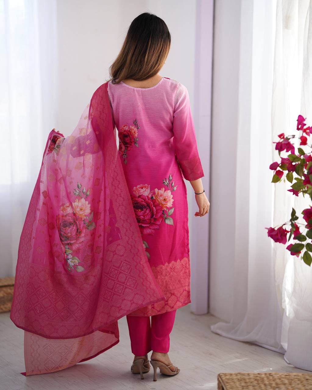 Pink / Aqua Pastel Chanderi Silk Jacquard Work With digital print