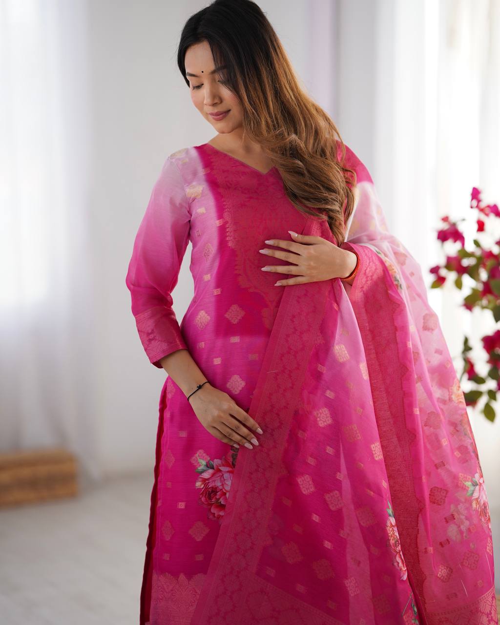 Pink / Aqua Pastel Chanderi Silk Jacquard Work With digital print