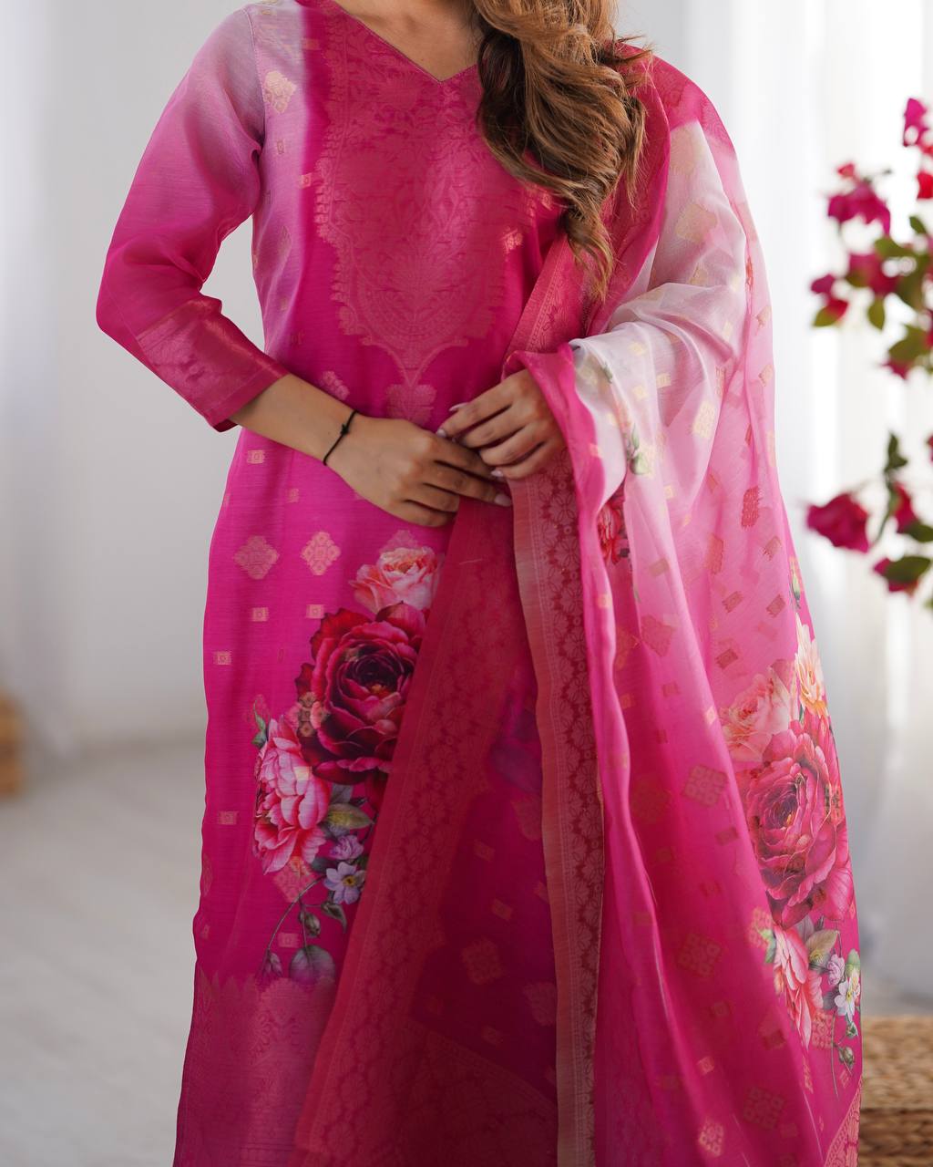 Pink / Aqua Pastel Chanderi Silk Jacquard Work With digital print