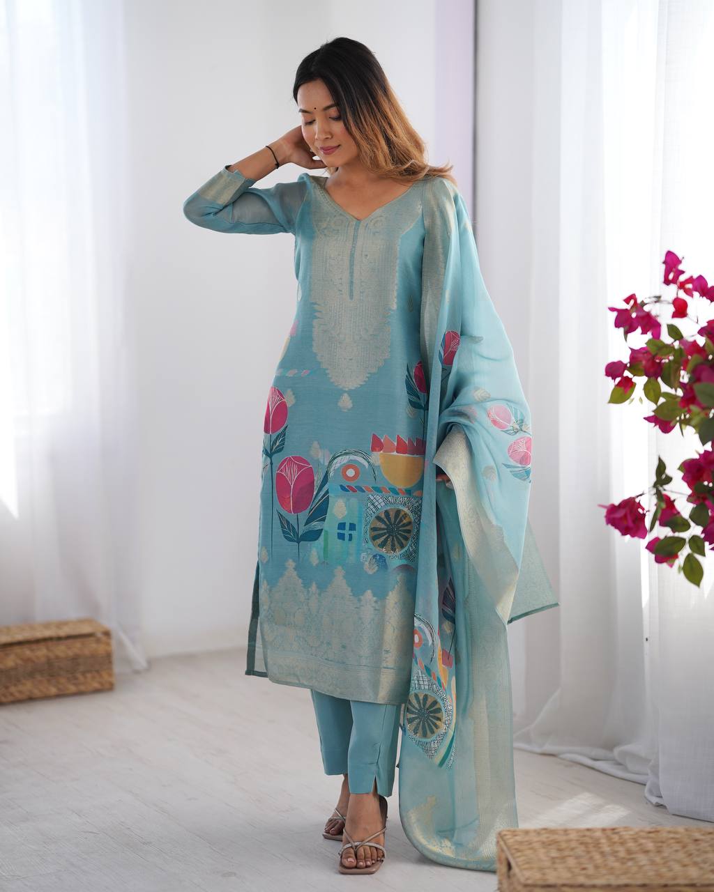 Sky / Aqua Pastel Chanderi Silk Jacquard Work With digital print