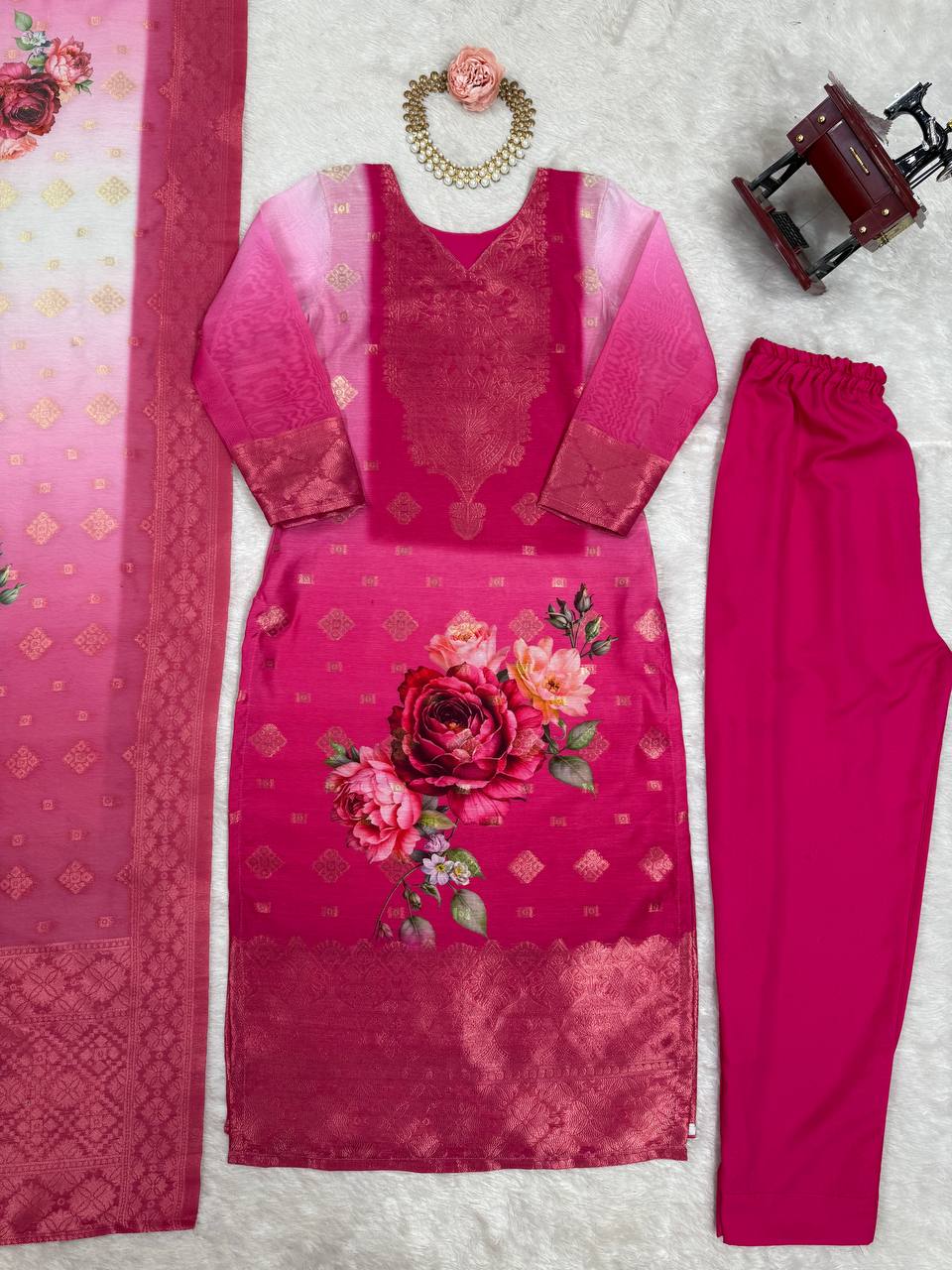 Pink / Aqua Pastel Chanderi Silk Jacquard Work With digital print