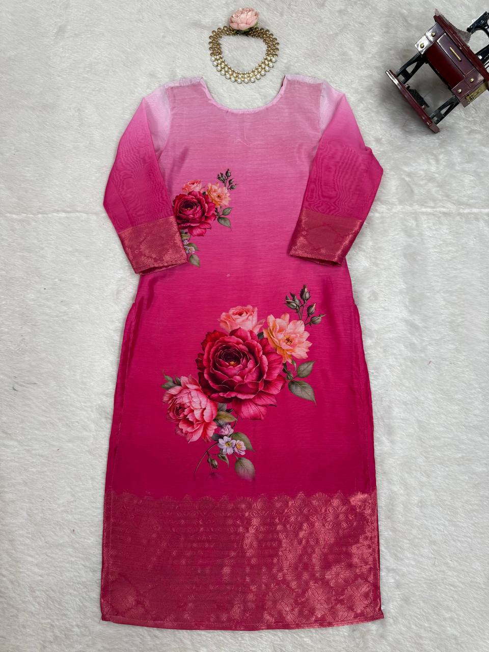 Pink / Aqua Pastel Chanderi Silk Jacquard Work With digital print
