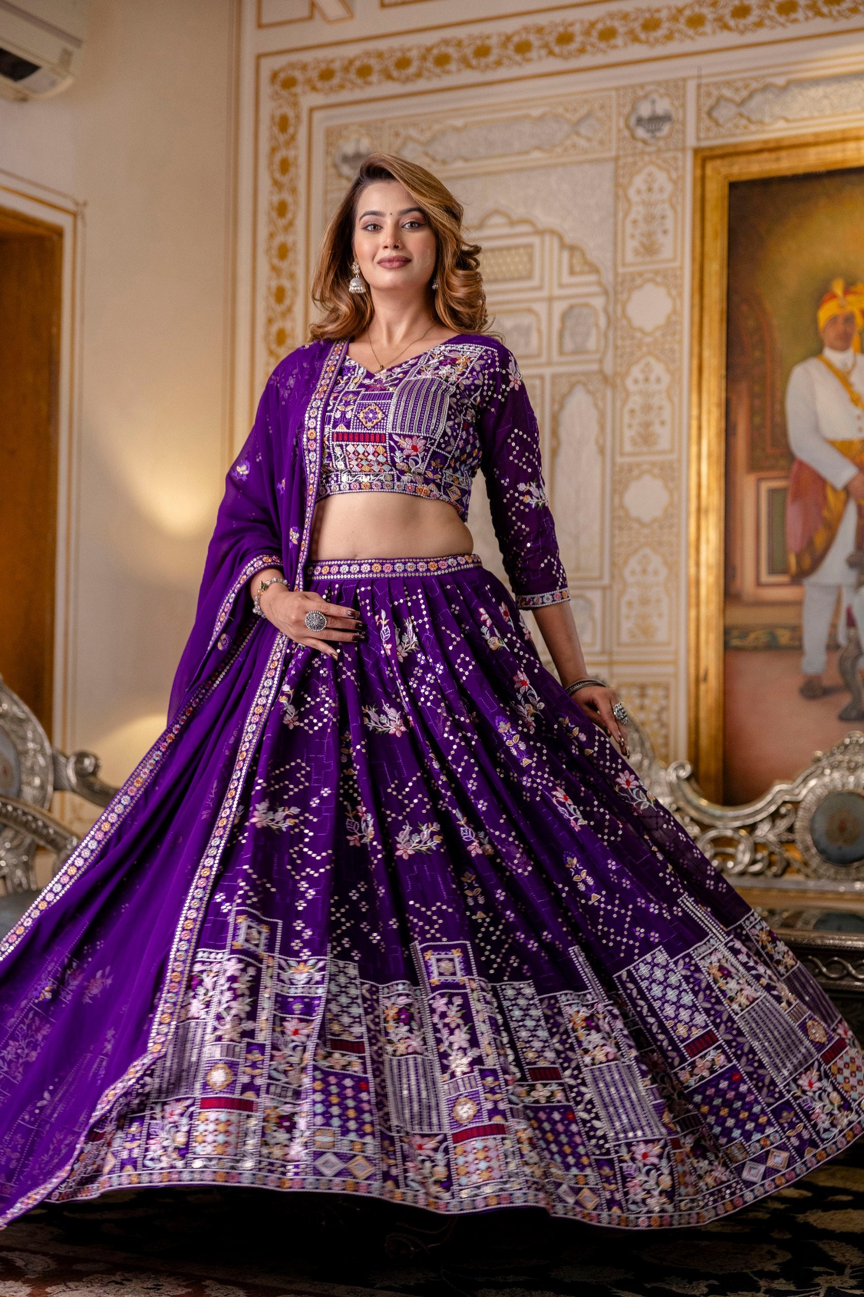 Purple Heavy Thread Sequins Worked Georgette Lehenga Choli