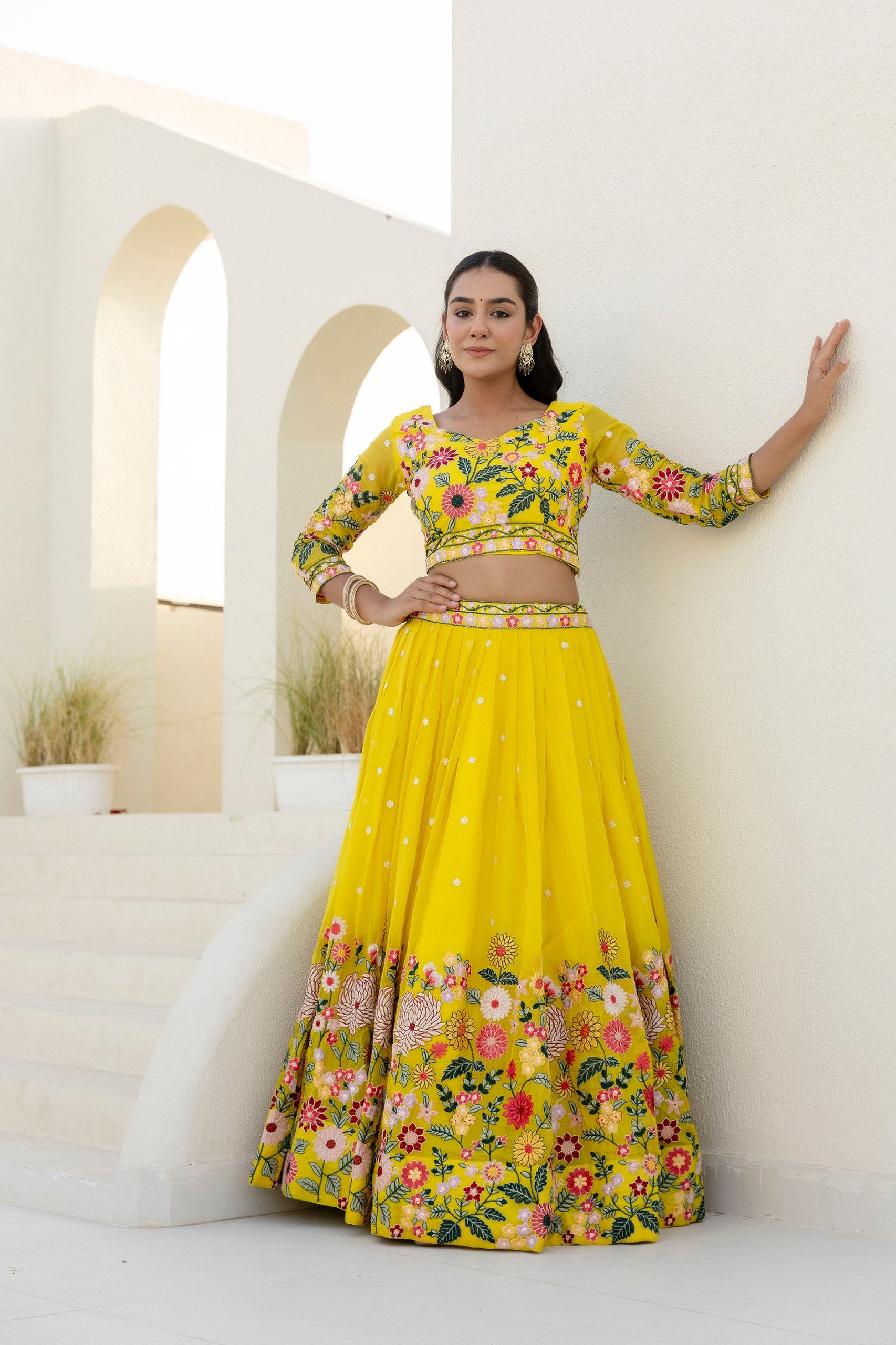 Yellow Organza Heavy Floral Thread Sequins Worked Lehenga Choli