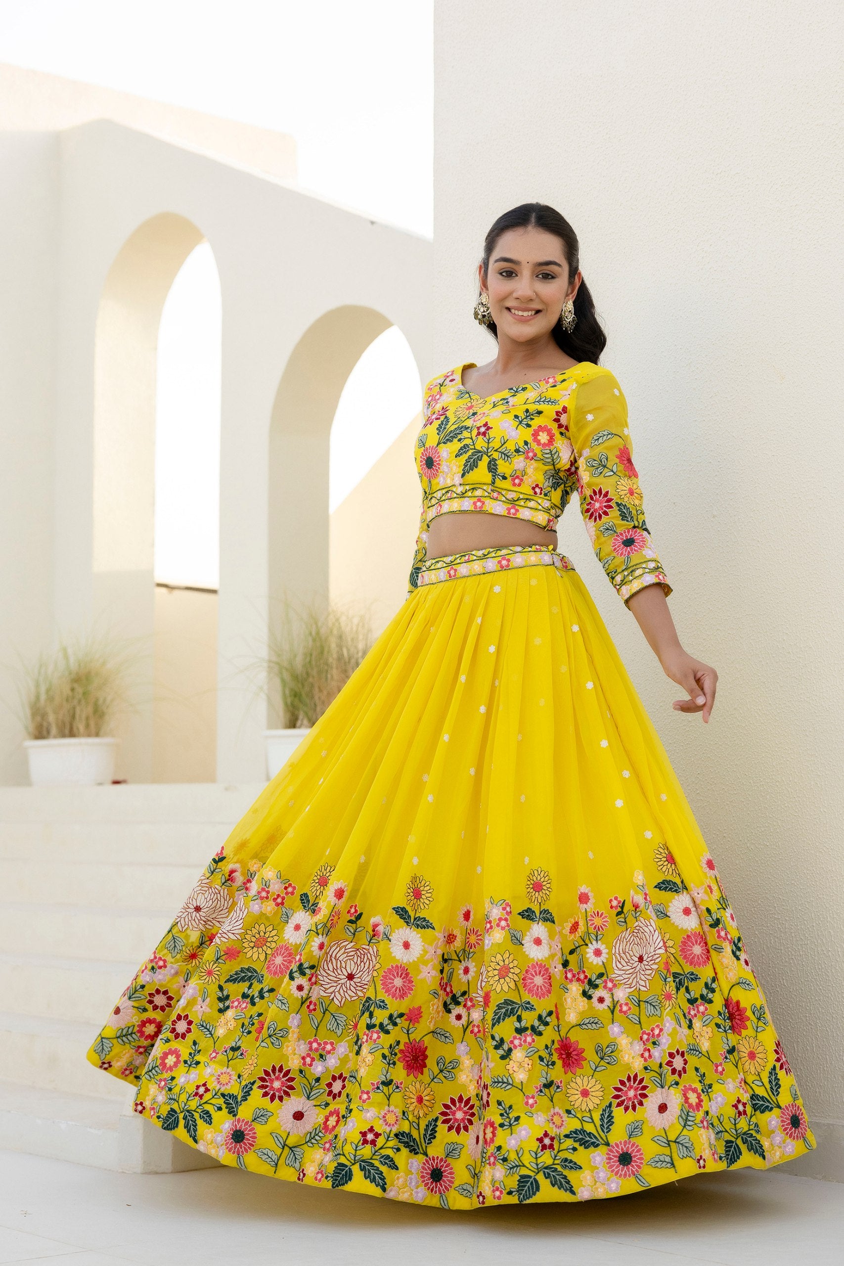Yellow Organza Heavy Floral Thread Sequins Worked Lehenga Choli
