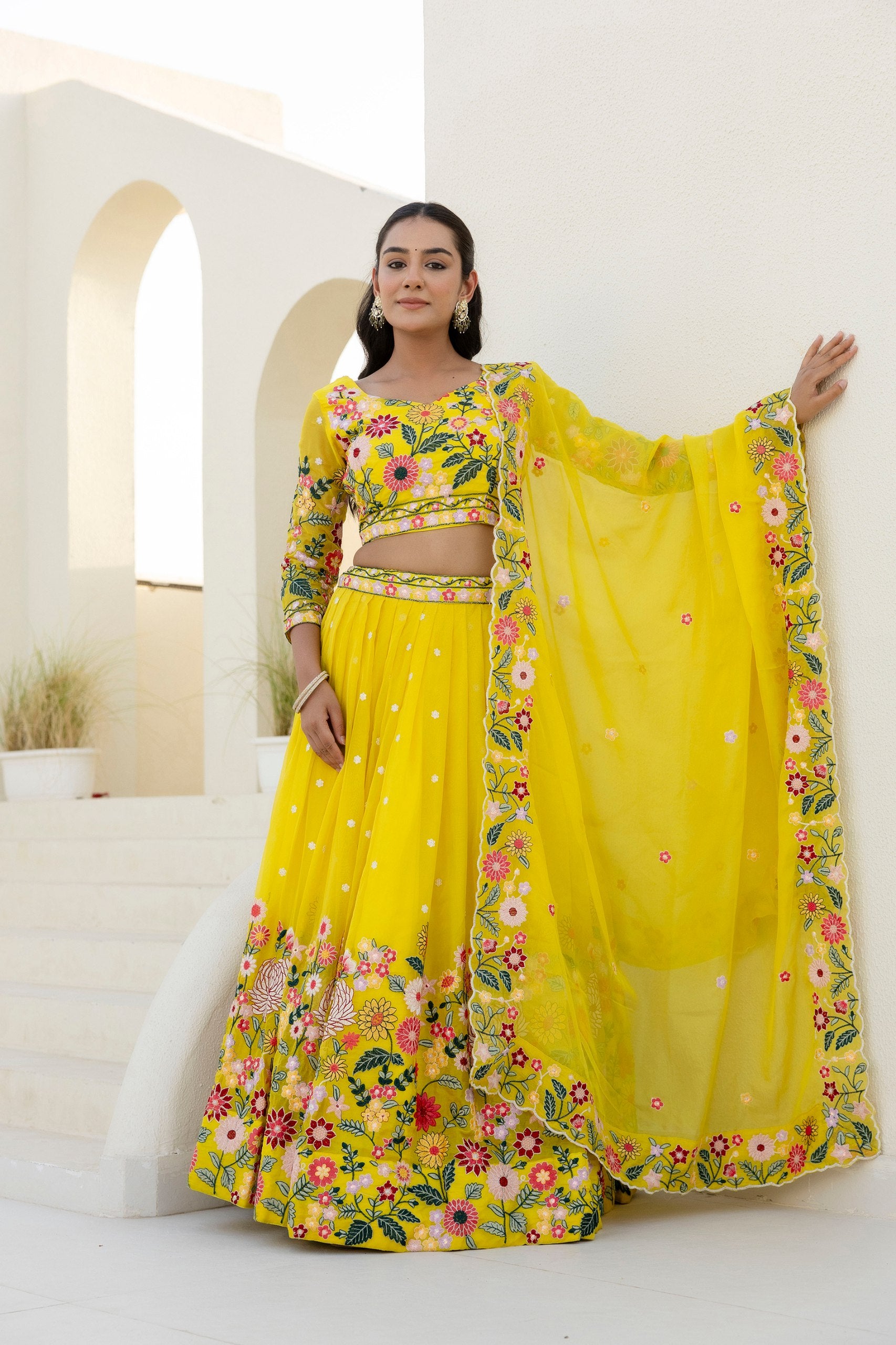 Yellow Organza Heavy Floral Thread Sequins Worked Lehenga Choli