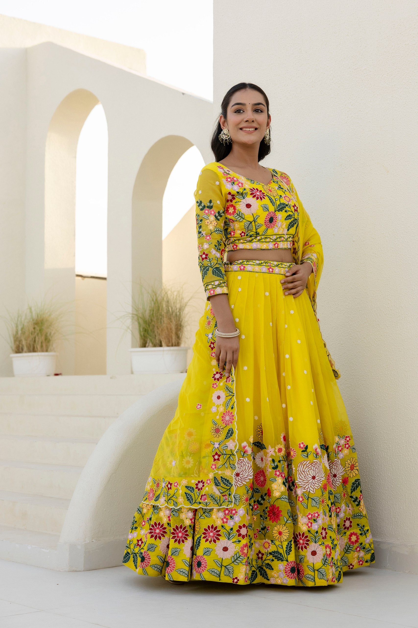 Yellow Organza Heavy Floral Thread Sequins Worked Lehenga Choli