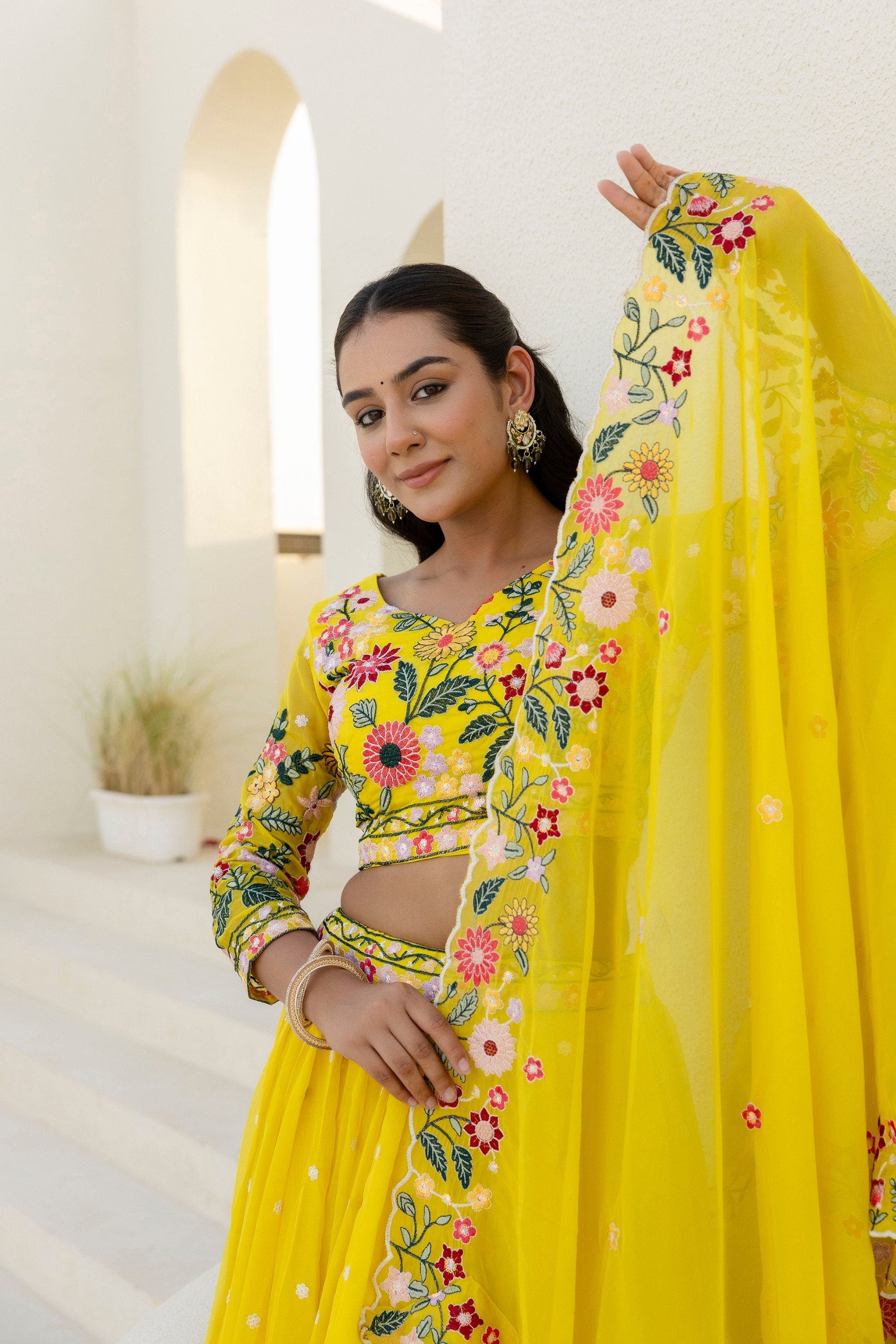 Yellow Organza Heavy Floral Thread Sequins Worked Lehenga Choli