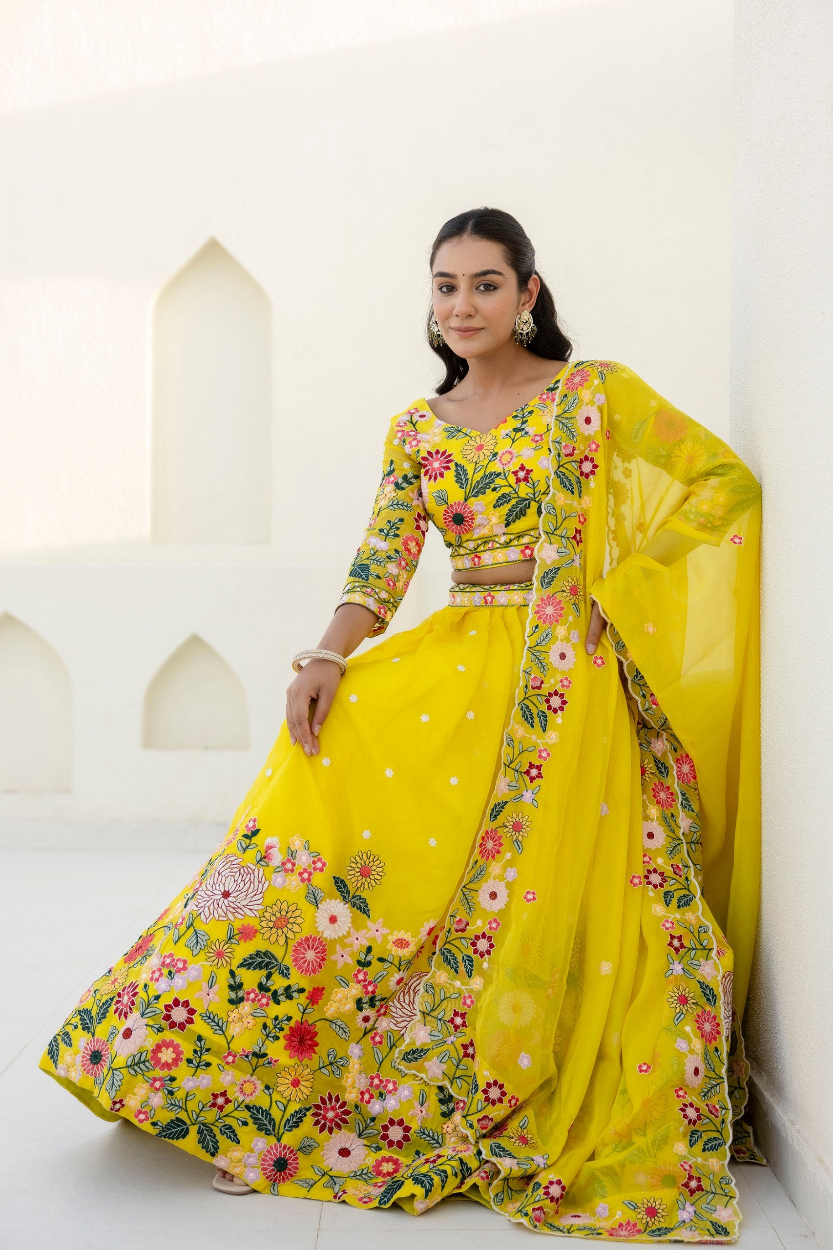 Yellow Organza Heavy Floral Thread Sequins Worked Lehenga Choli