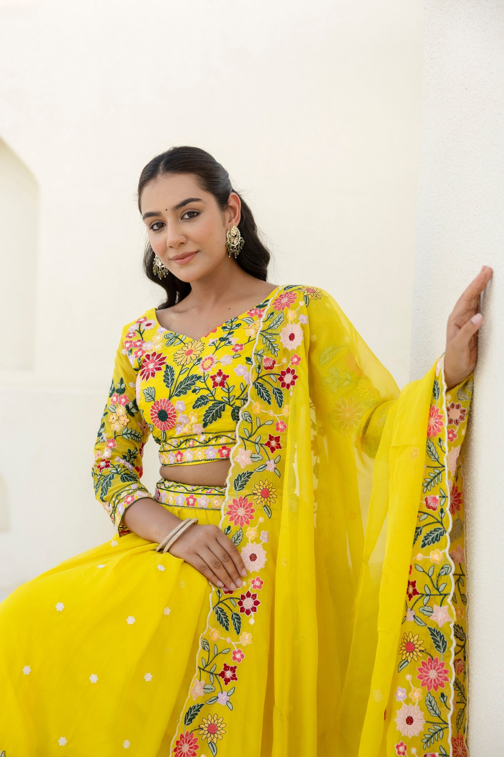 Yellow Organza Heavy Floral Thread Sequins Worked Lehenga Choli