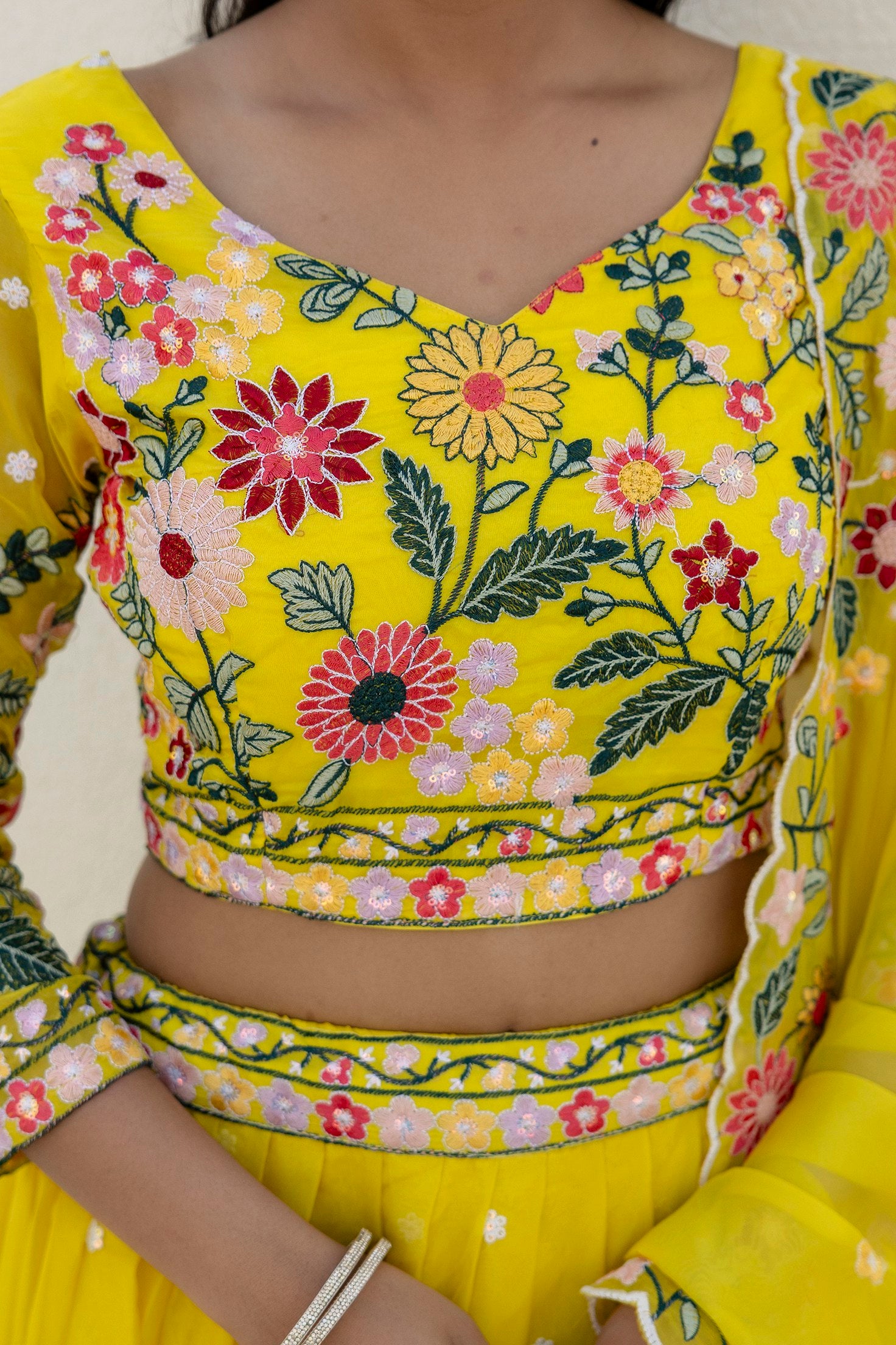 Yellow Organza Heavy Floral Thread Sequins Worked Lehenga Choli