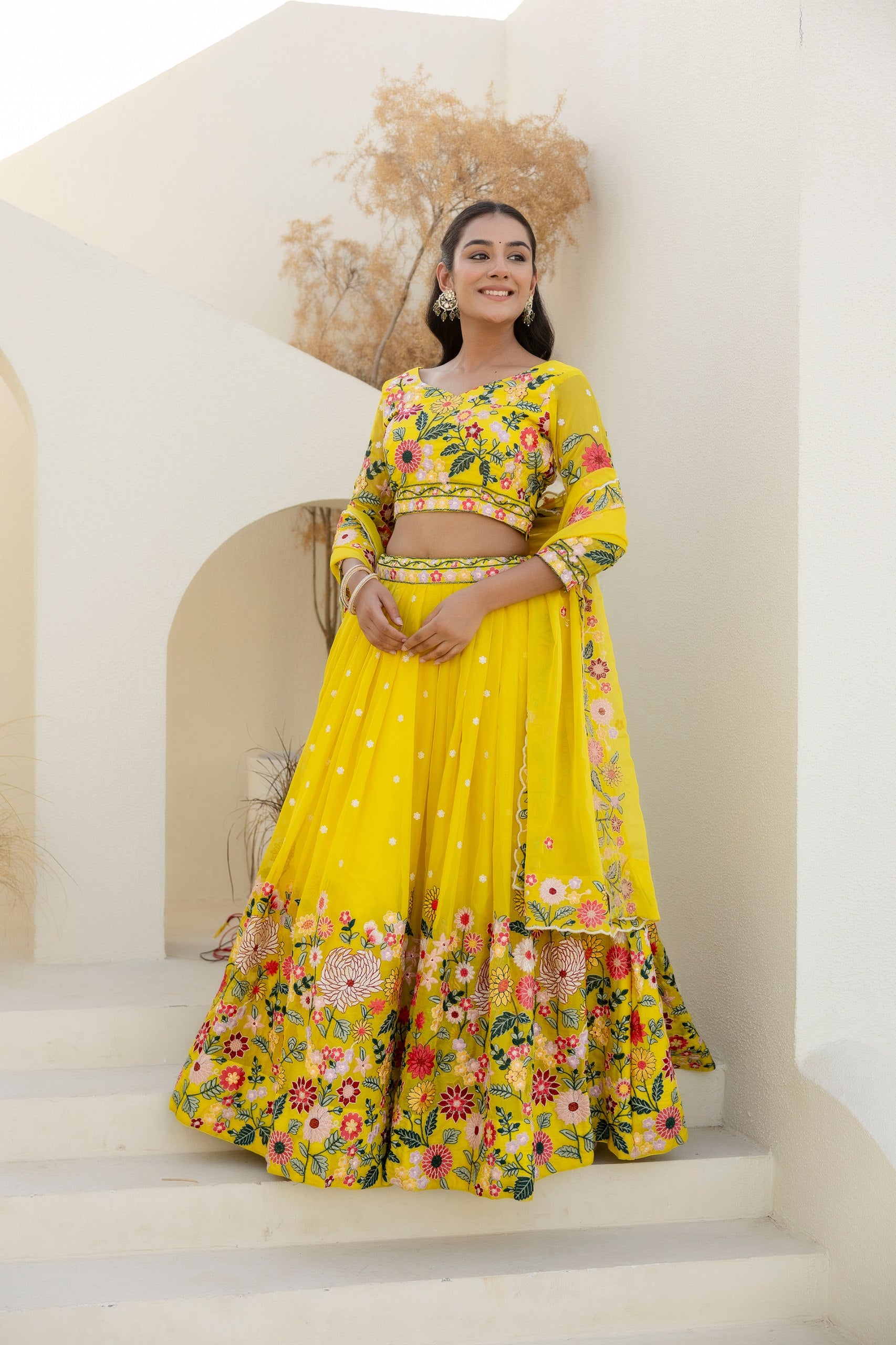 Yellow Organza Heavy Floral Thread Sequins Worked Lehenga Choli
