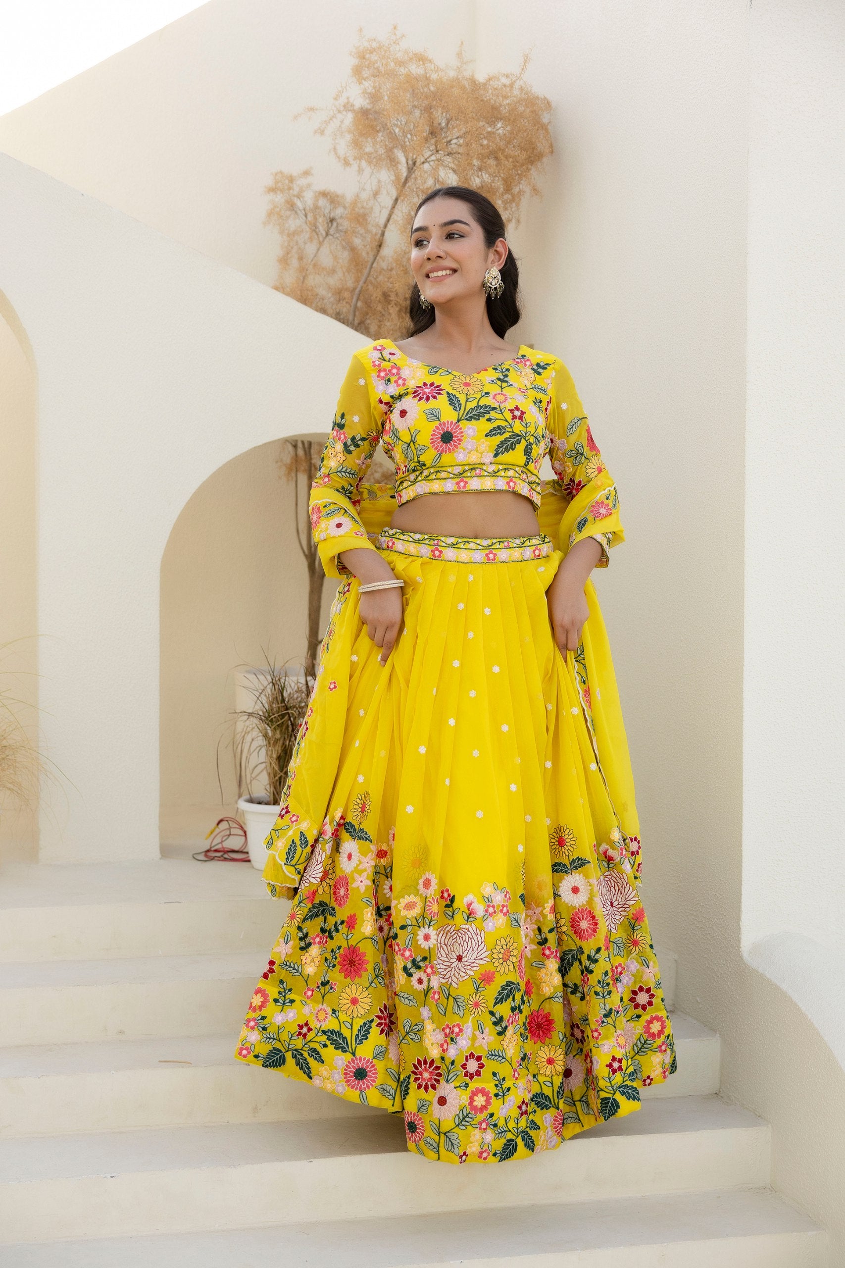 Yellow Organza Heavy Floral Thread Sequins Worked Lehenga Choli