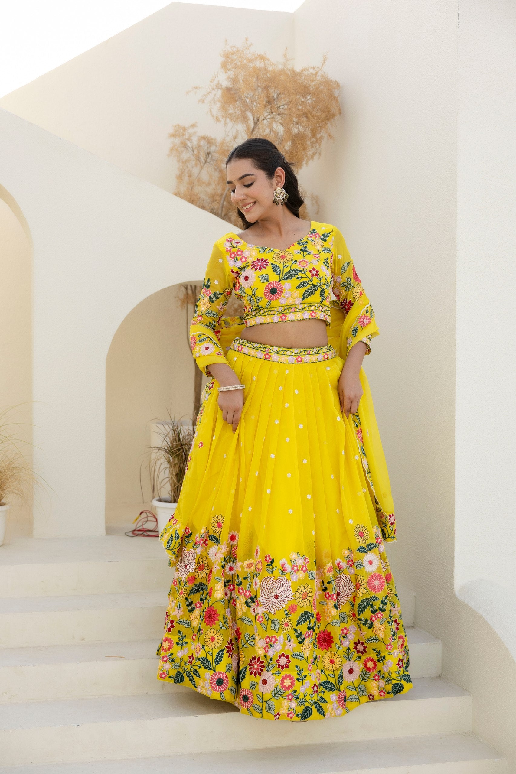 Yellow Organza Heavy Floral Thread Sequins Worked Lehenga Choli