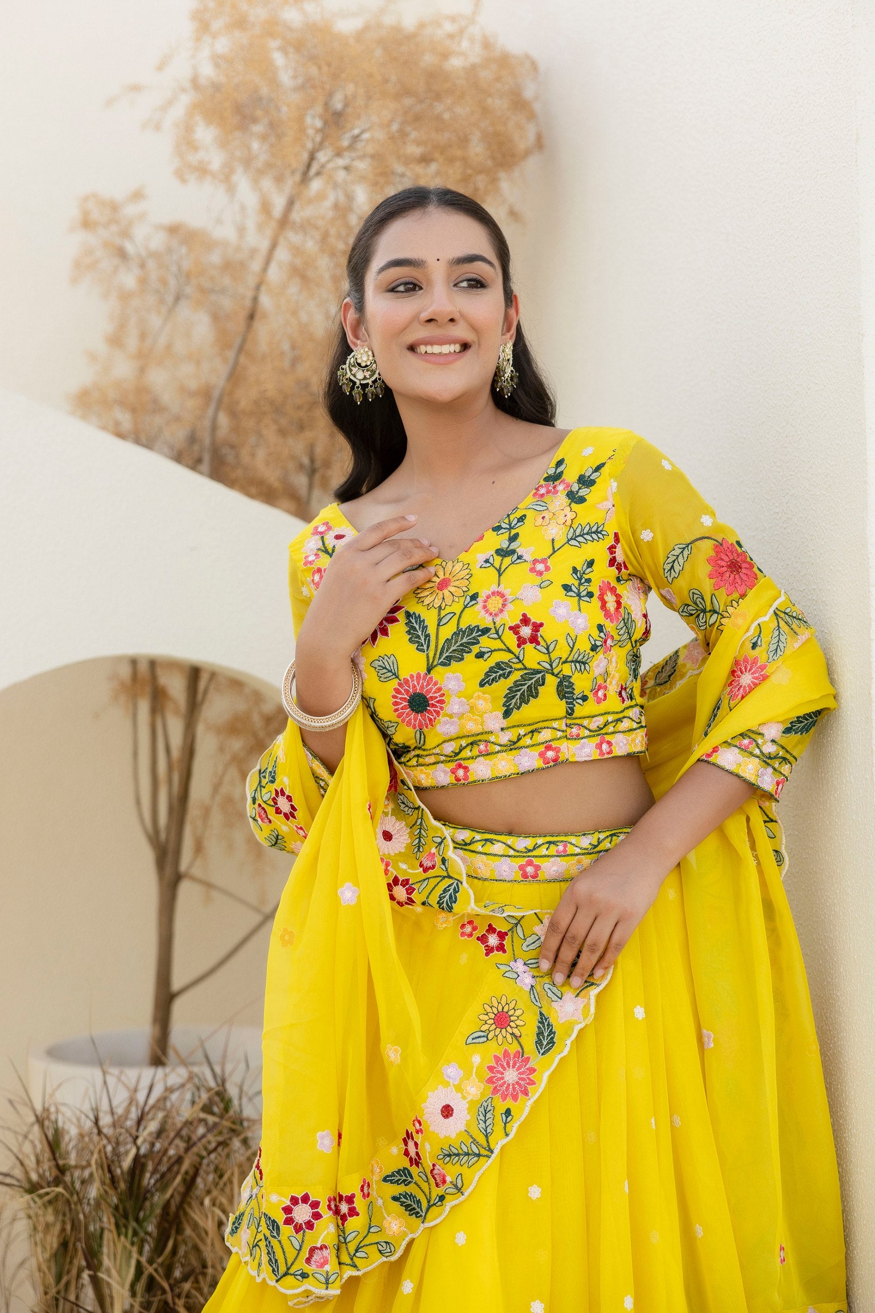 Yellow Organza Heavy Floral Thread Sequins Worked Lehenga Choli