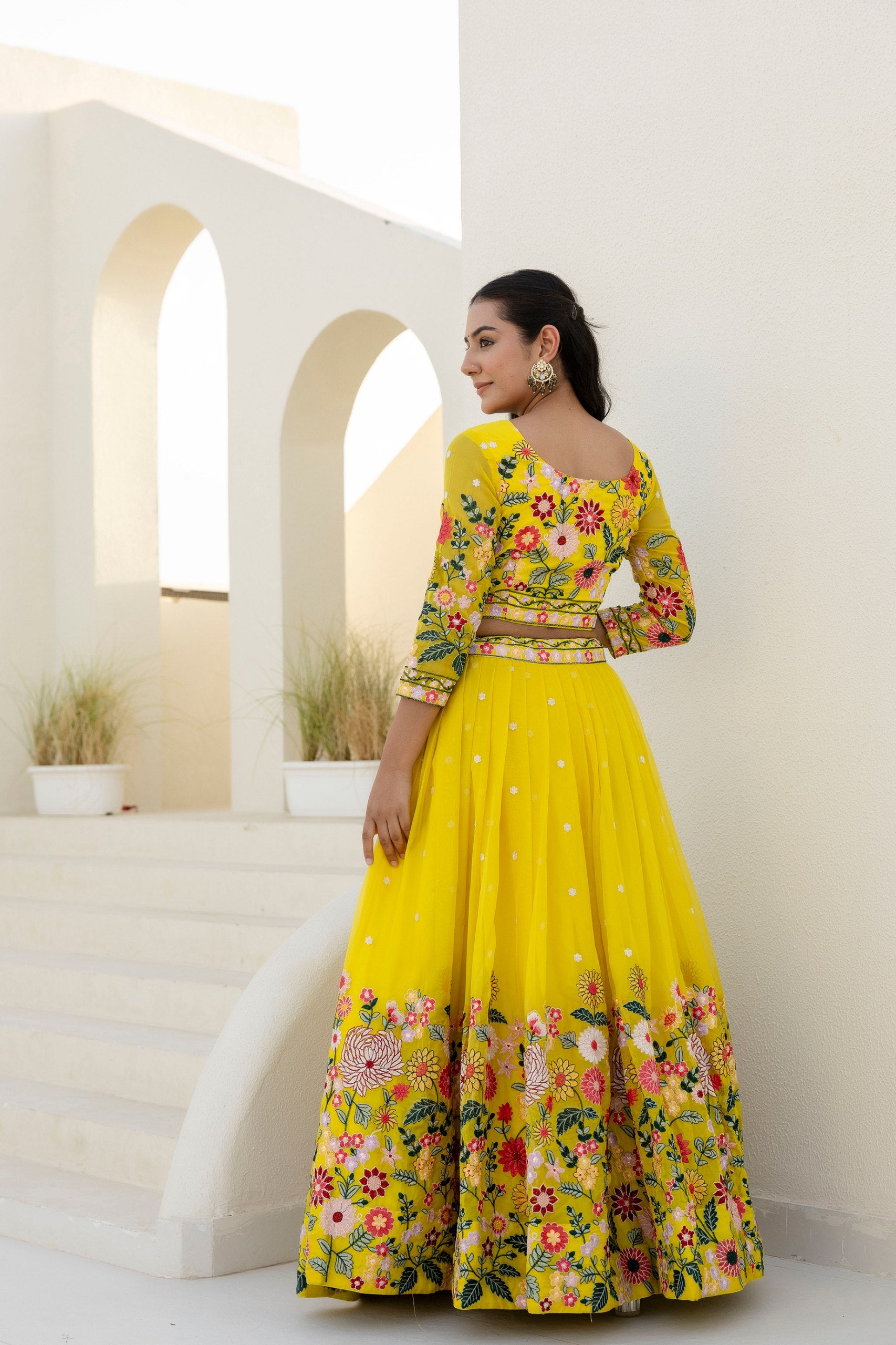 Yellow Organza Heavy Floral Thread Sequins Worked Lehenga Choli