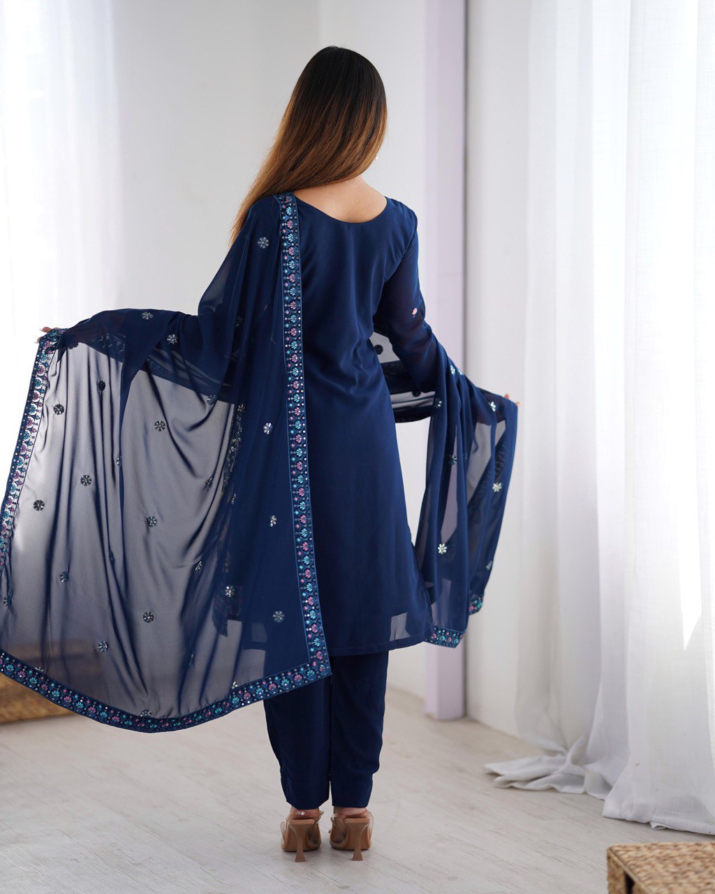 Noor Midnight Blue Mirror-Embroidered Georgette Suit