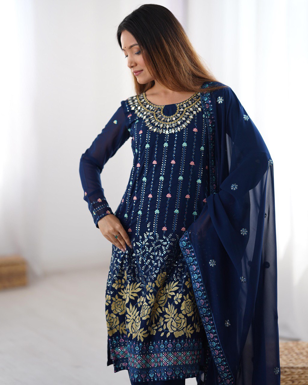 Noor Midnight Blue Mirror-Embroidered Georgette Suit