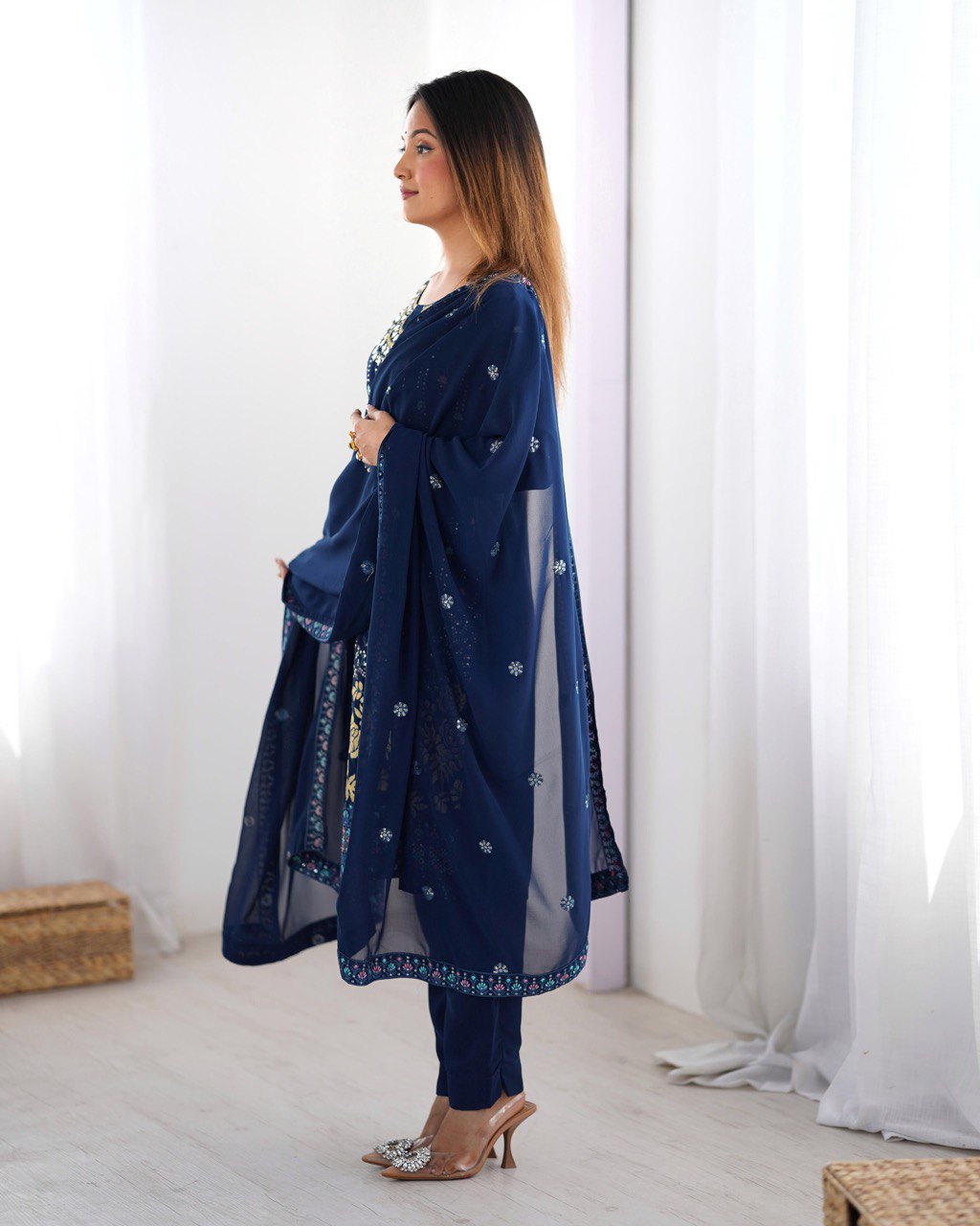 Noor Midnight Blue Mirror-Embroidered Georgette Suit