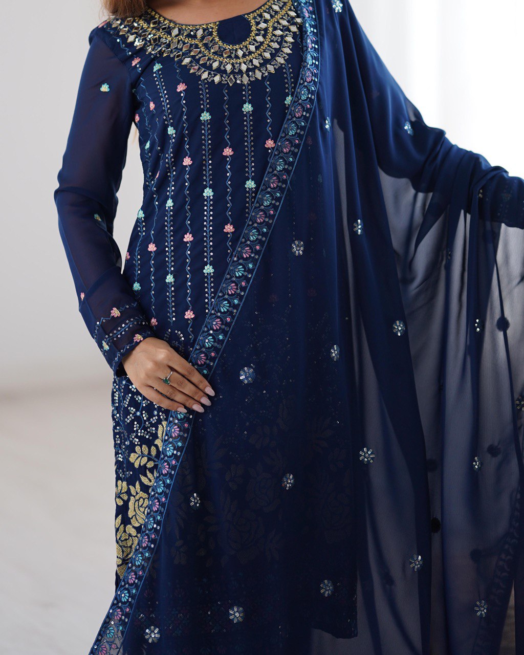 Noor Midnight Blue Mirror-Embroidered Georgette Suit