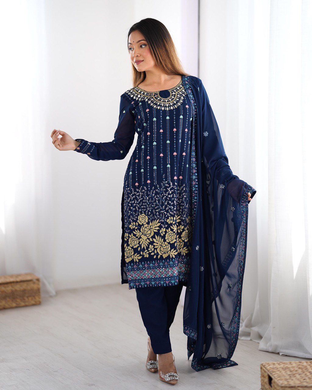 Noor Midnight Blue Mirror-Embroidered Georgette Suit