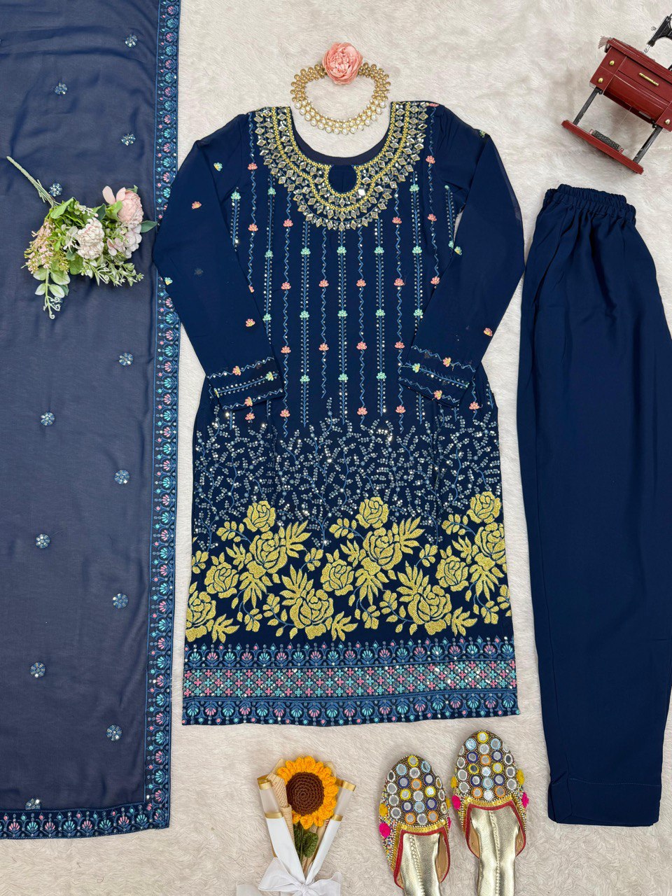 Noor Midnight Blue Mirror-Embroidered Georgette Suit
