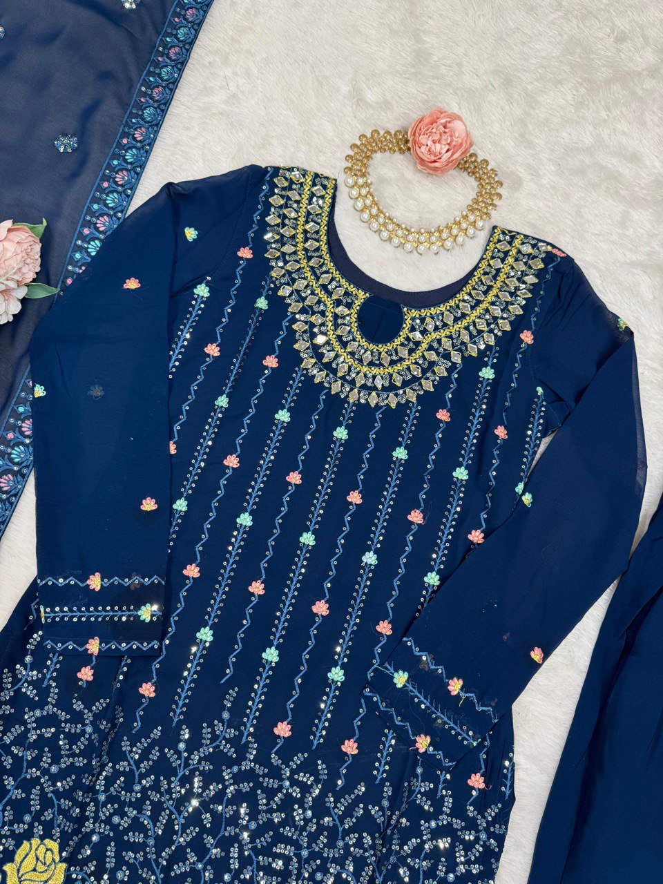 Noor Midnight Blue Mirror-Embroidered Georgette Suit